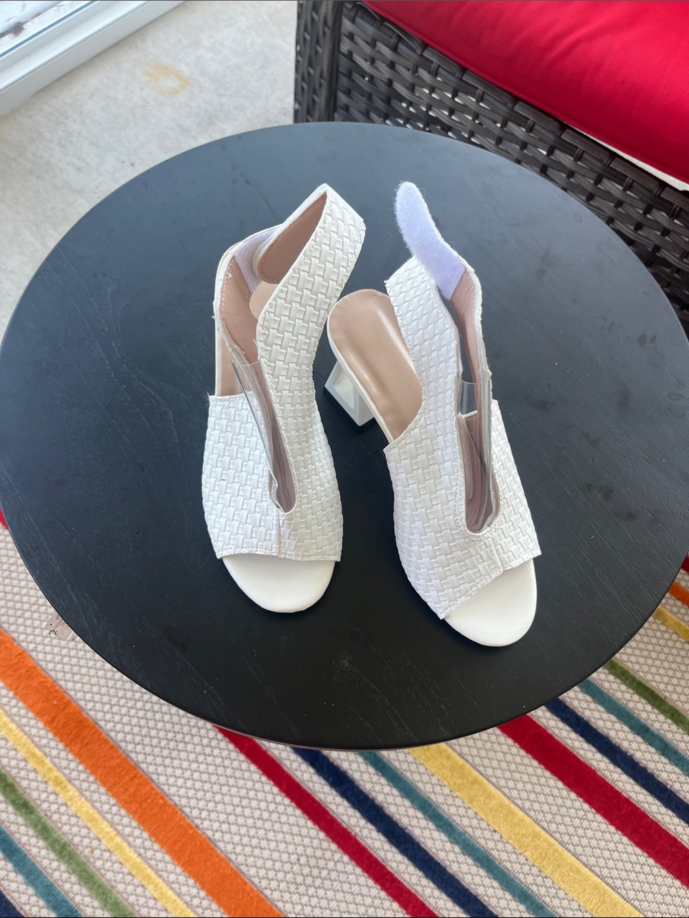 Woven White Slingback Block Heel Sandals - Women
